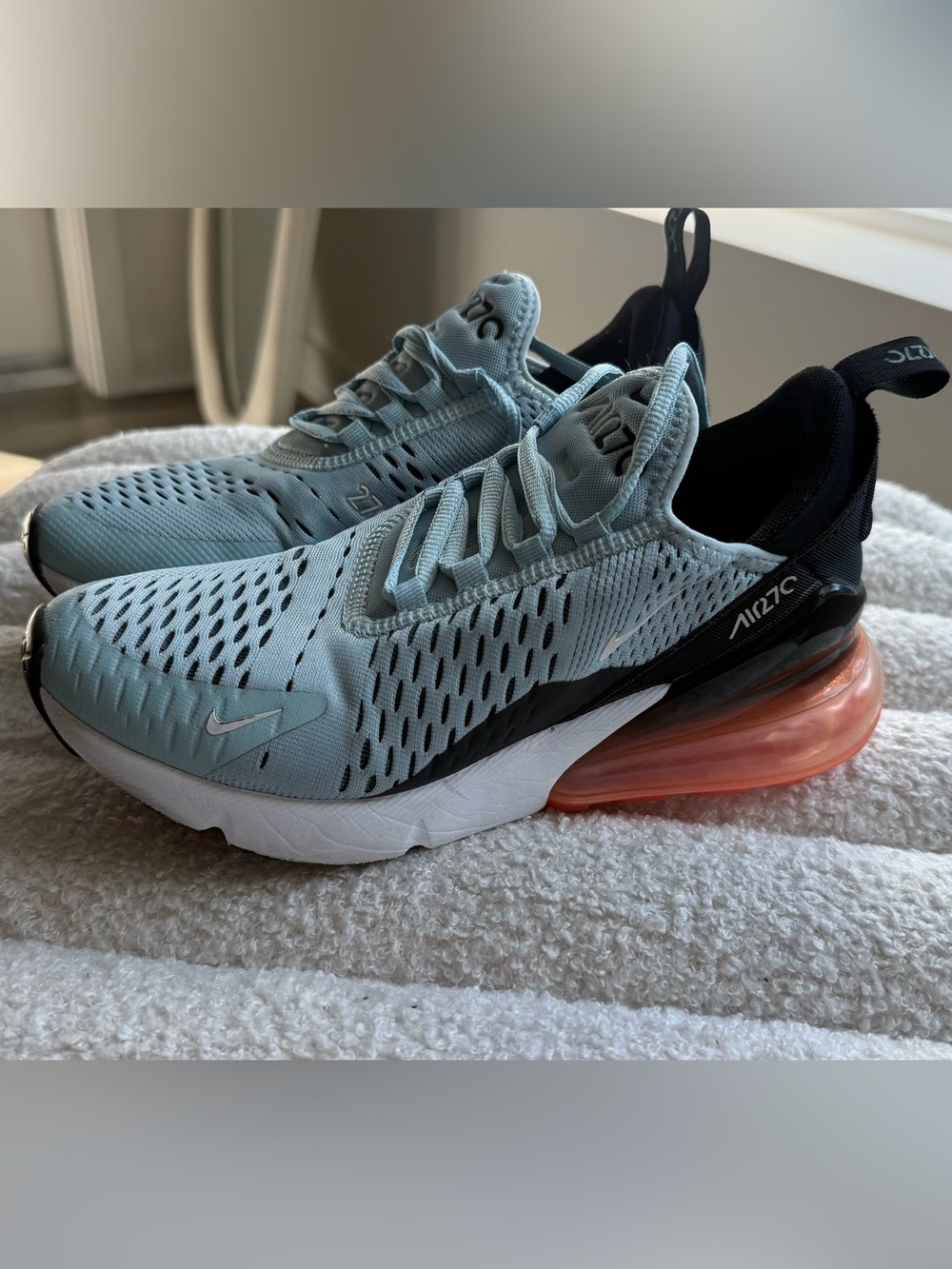 Nike Women's Air Max 270 in Light Blue with Black and Coral Accents